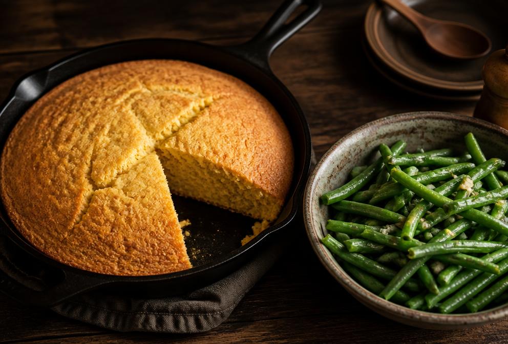 Skillet Cornbread & Garlic Green Beans